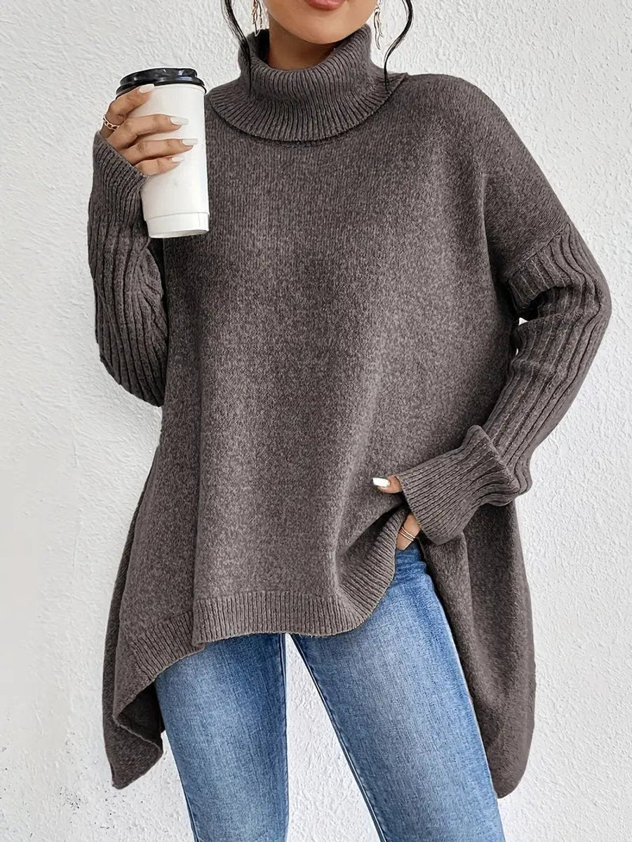 Dámský oversized svetr s žebrovaným rolákem v barvách ocean blue, stone grey, espresso brown, pine 2