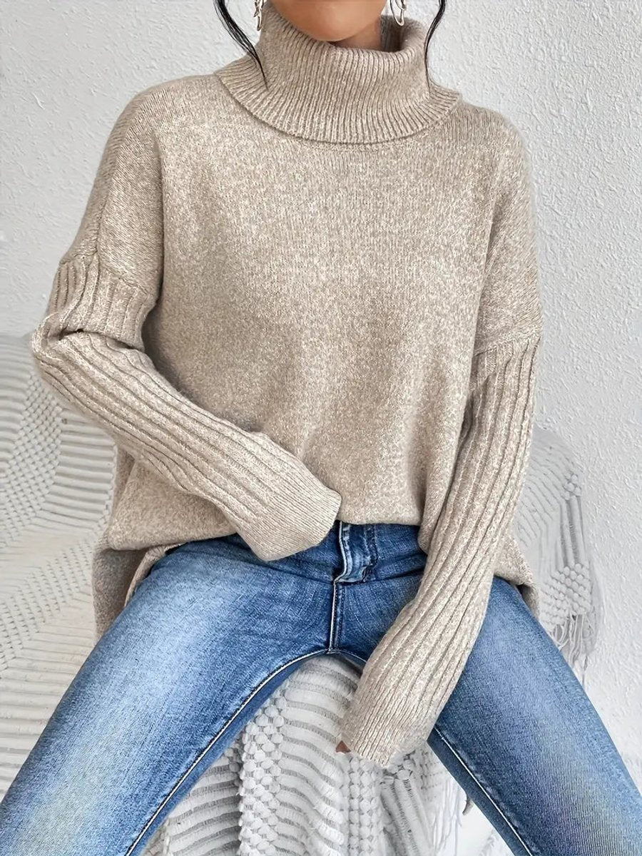 Dámský oversized svetr s žebrovaným rolákem v barvách ocean blue, stone grey, espresso brown, pine 7