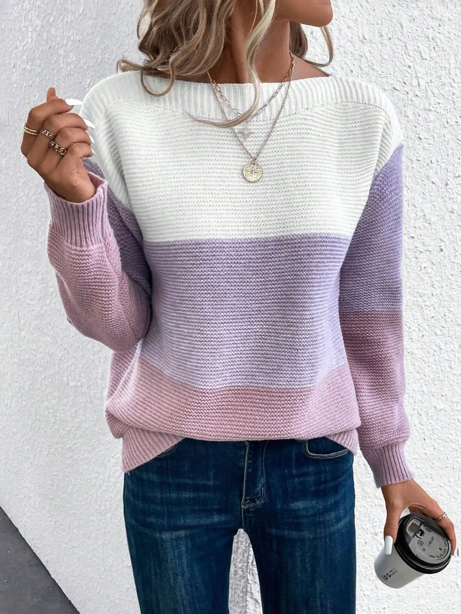 Dámský svetr s dlouhým rukávem a barevným blokem, uvolněný pletený styl, modern 7