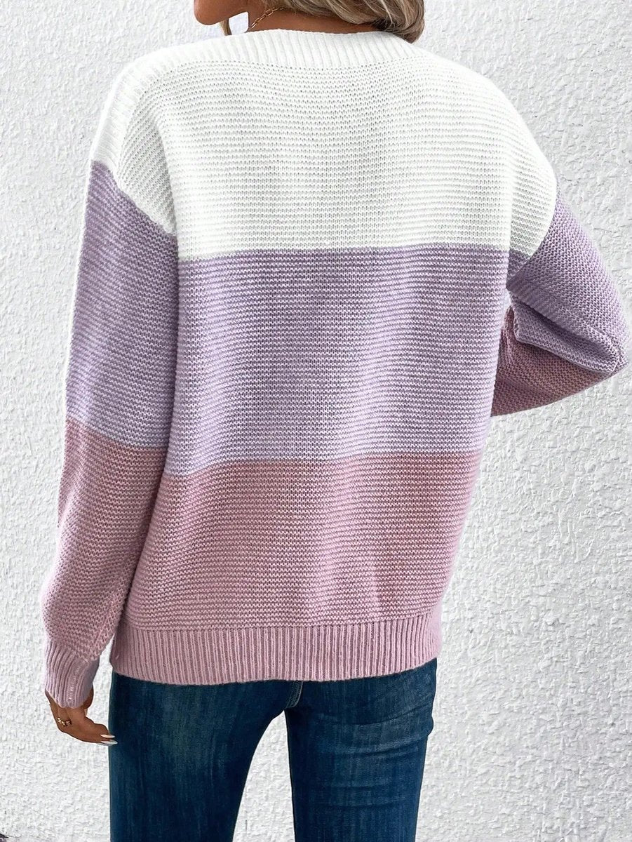 Dámský svetr s dlouhým rukávem a barevným blokem, uvolněný pletený styl, modern 8