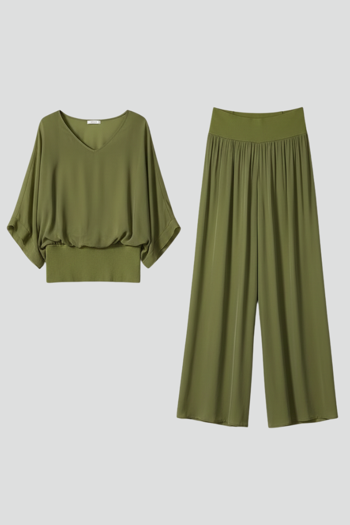 Dámský top s výstřihem do V a širokými nohavicemi – lehký ležérní outfit v několika barvách 1