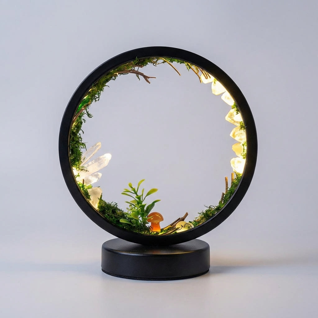 Dekorativní Lampa s Krystaly a Umělou Zelení – Kulatý Kovový Rám s Měkkým Světlem 18x22cm 0