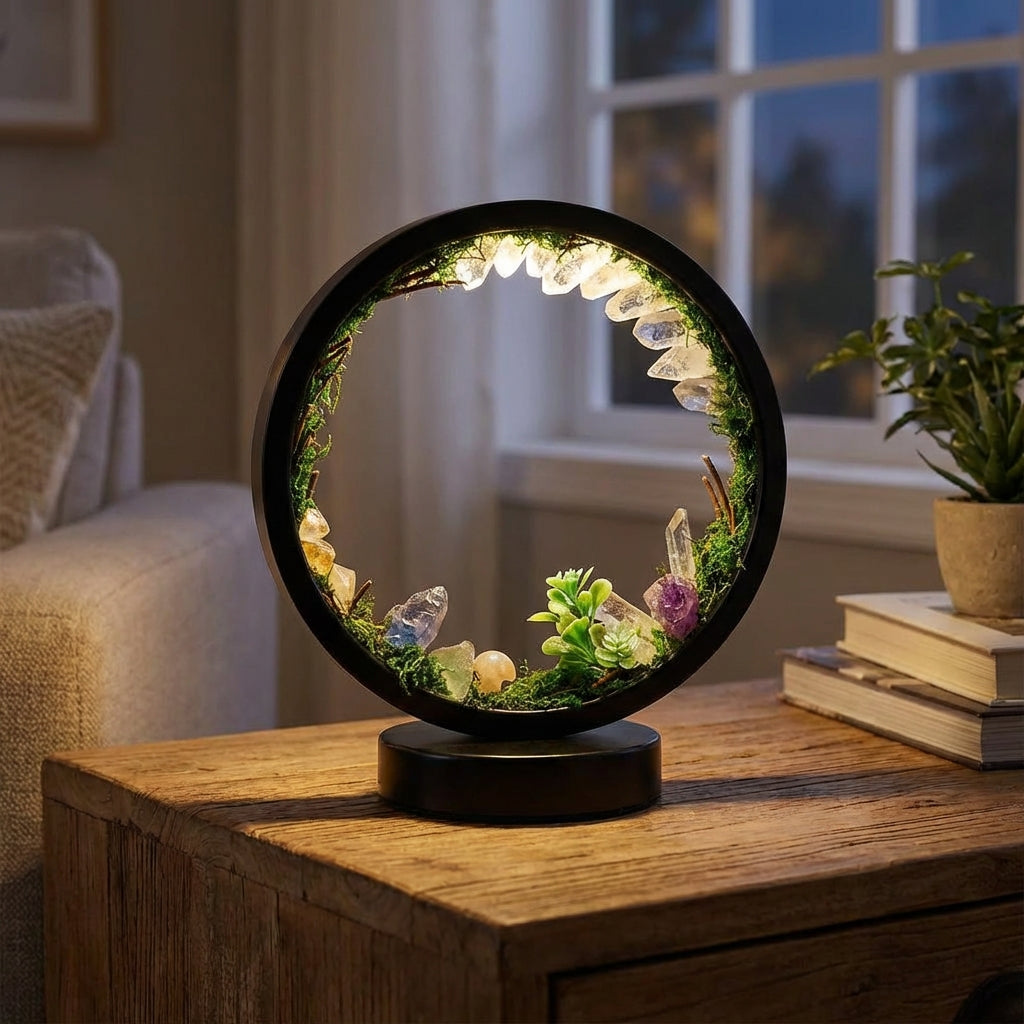 Dekorativní Lampa s Krystaly a Umělou Zelení – Kulatý Kovový Rám s Měkkým Světlem 18x22cm 1