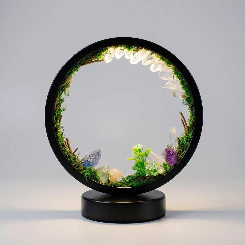 Dekorativní Lampa s Krystaly a Umělou Zelení – Kulatý Kovový Rám s Měkkým Světlem 18x22cm 2
