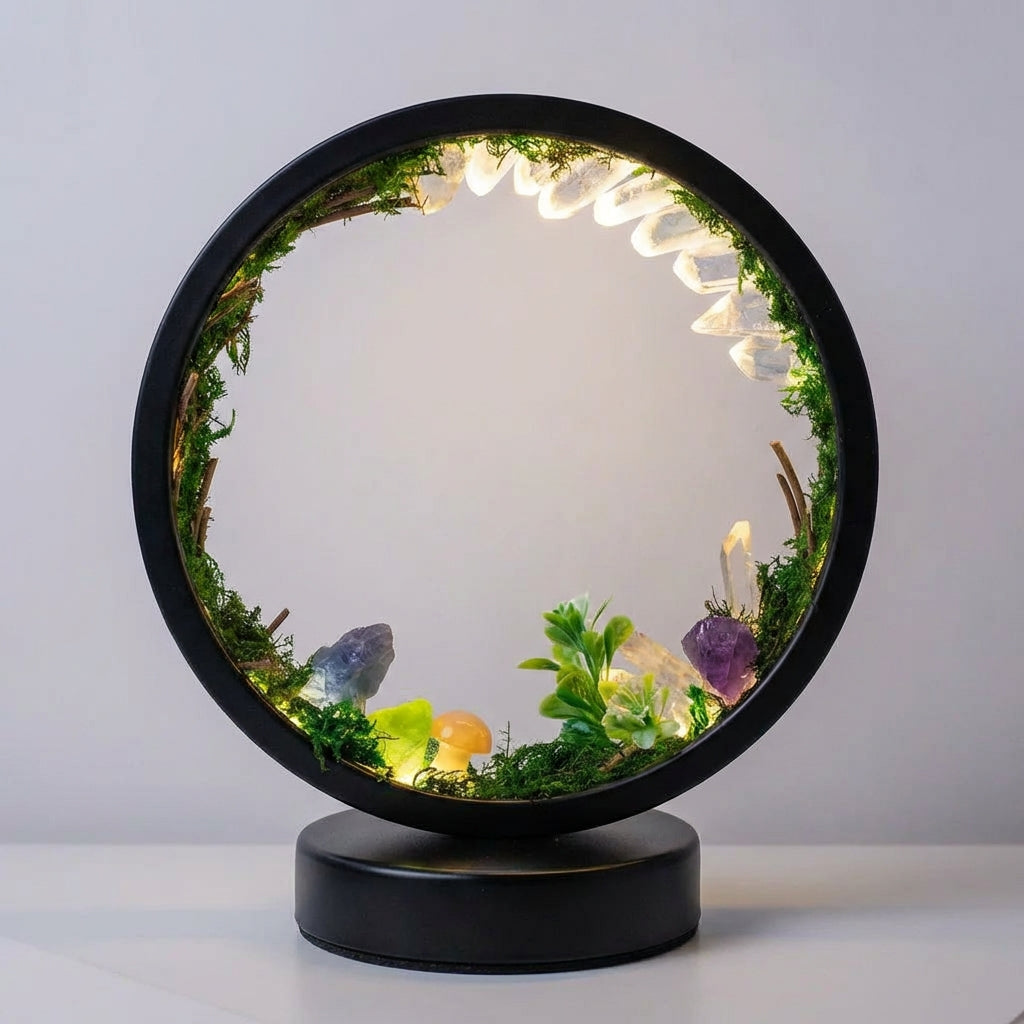 Dekorativní Lampa s Krystaly a Umělou Zelení – Kulatý Kovový Rám s Měkkým Světlem 18x22cm 6