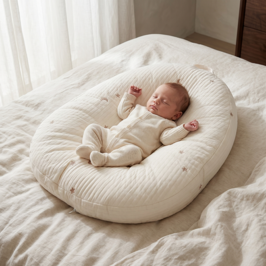 Dětské lehátko s ergonomickou oporou a prodyšnou bavlněnou tkaninou – design Soft Nest 0