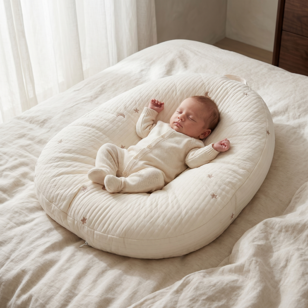 Dětské lehátko s ergonomickou oporou a prodyšnou bavlněnou tkaninou – design Soft Nest 0