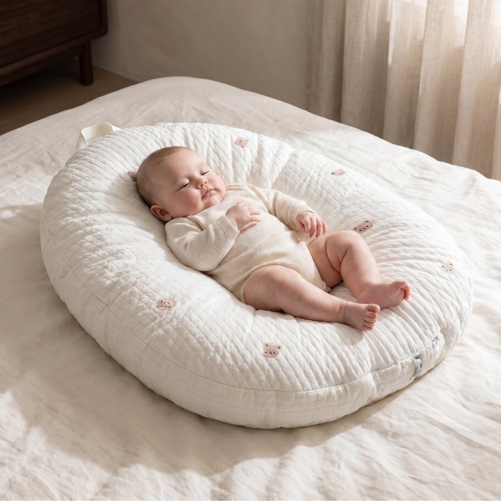 Dětské lehátko s ergonomickou oporou a prodyšnou bavlněnou tkaninou – design Soft Nest 3