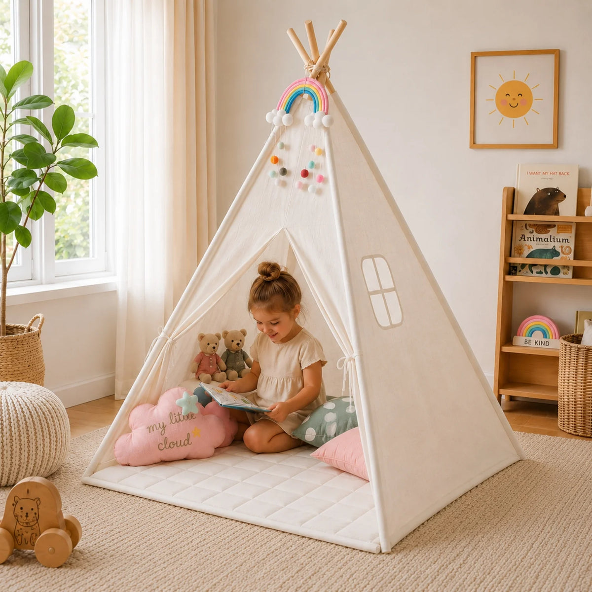 Dětský stan teepee v krémově bílém bavlněném designu s měkkou podložkou, ideální 0