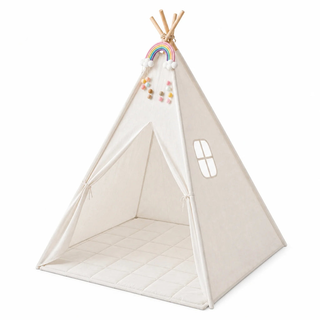 Dětský stan teepee v krémově bílém bavlněném designu s měkkou podložkou, ideální 1