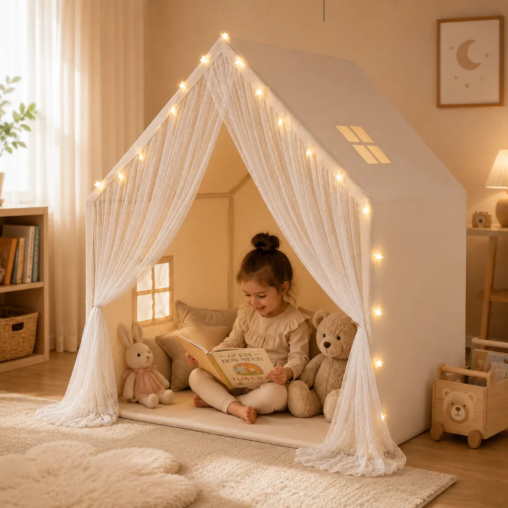 Dětský stan s LED světly a krajkovými detaily, béžové teepee ideální pro vnitřní hraní 0