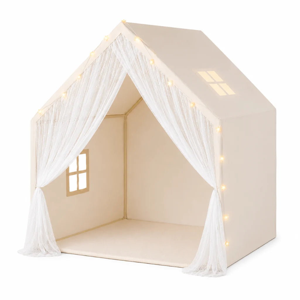 Dětský stan s LED světly a krajkovými detaily, béžové teepee ideální pro vnitřní hraní 1