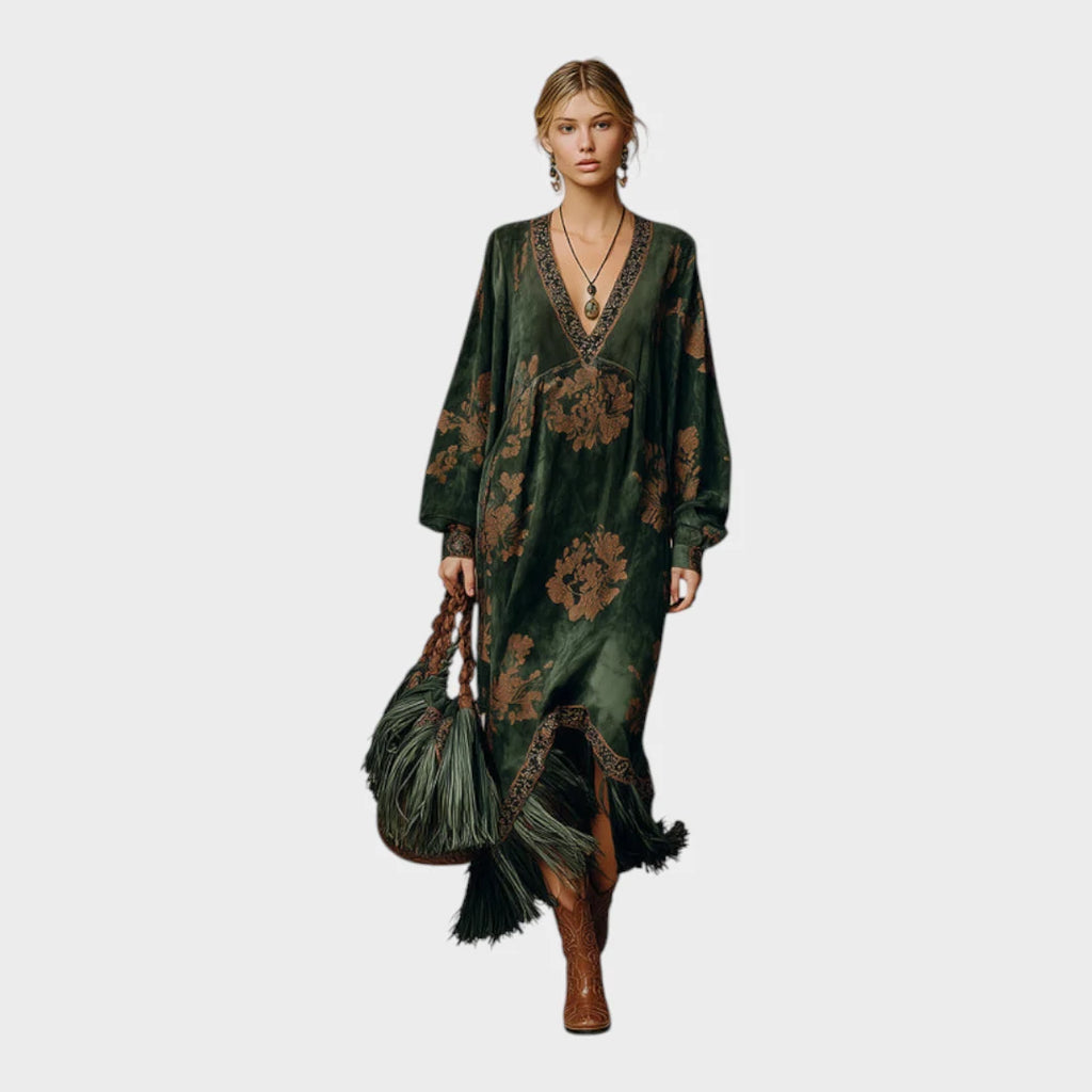 Dlouhé zelené šaty z umělého semiše s volným střihem a retro potiskem, ideální pro pohodln 1