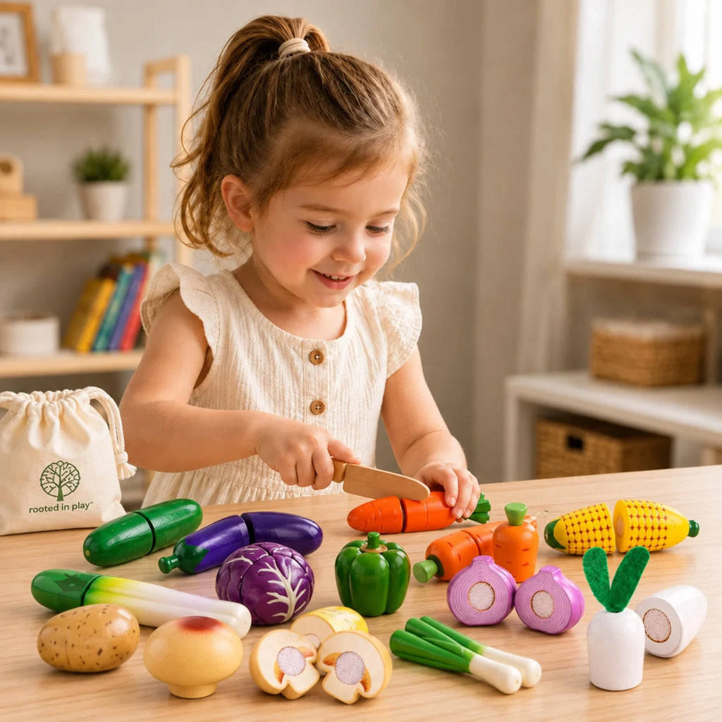 Dřevěná hrací sada s ovocem a zeleninou pro děti, inspirovaná Montessori, ideální pro náp 0
