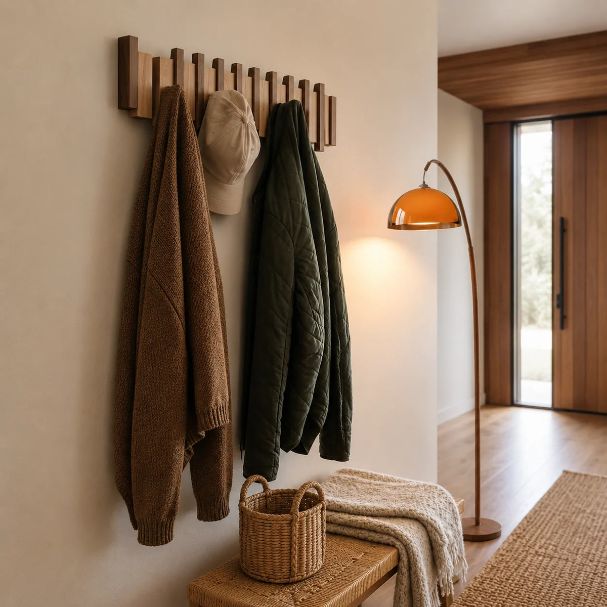 Dřevěný nástěnný věšák na kabáty s elegantními skládacími háčky, vyro 1