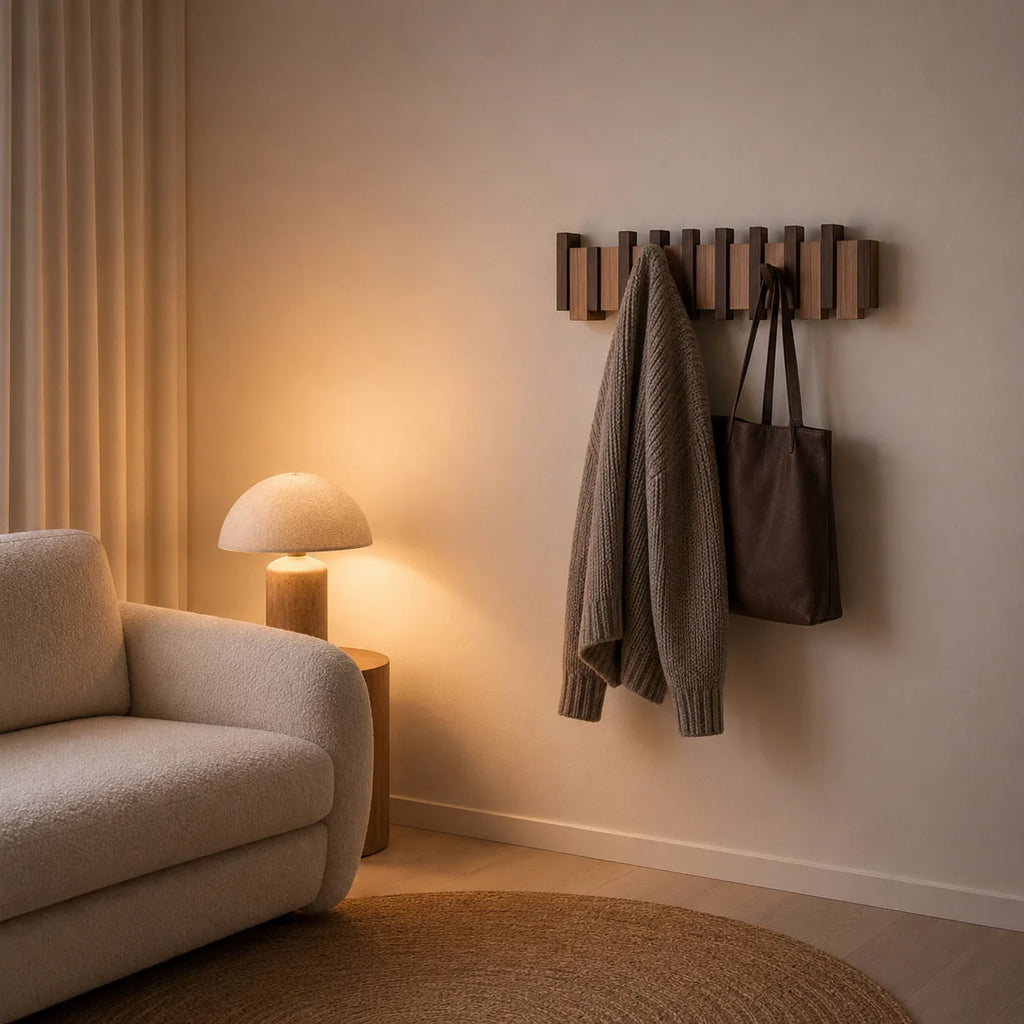 Dřevěný nástěnný věšák na kabáty s elegantními skládacími háčky, vyro 3