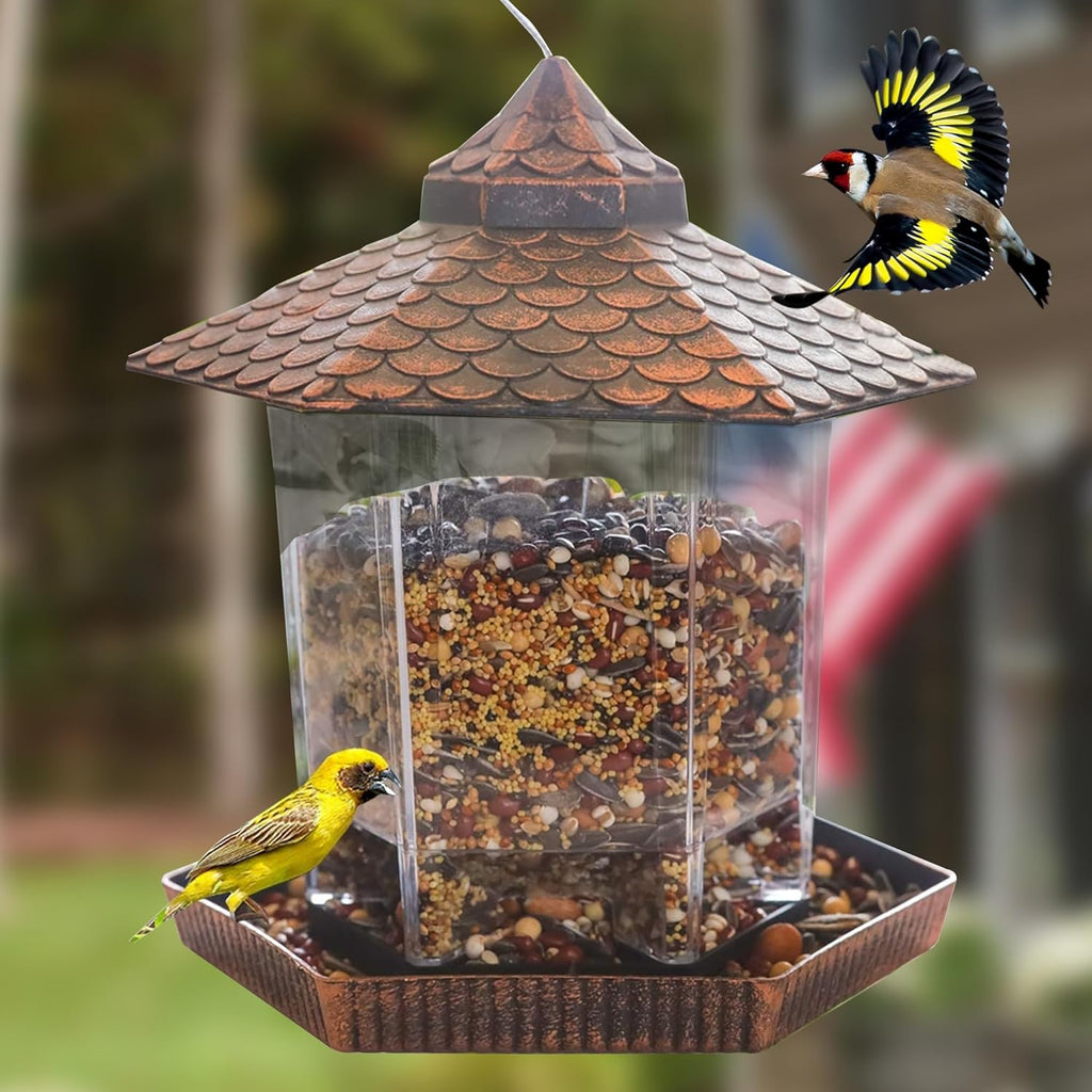 Ekologické závěsné krmítko pro ptáky s průhlednou nádobou na semena a měděnou střechou pro volně žijící ptáky – 20 cm x 22 cm 0