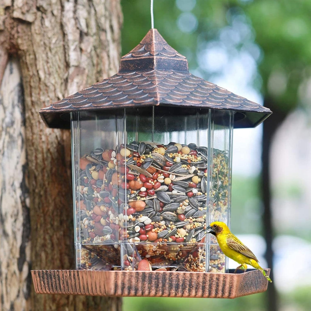 Ekologické závěsné krmítko pro ptáky s průhlednou nádobou na semena a měděnou střechou pro volně žijící ptáky – 20 cm x 22 cm 1