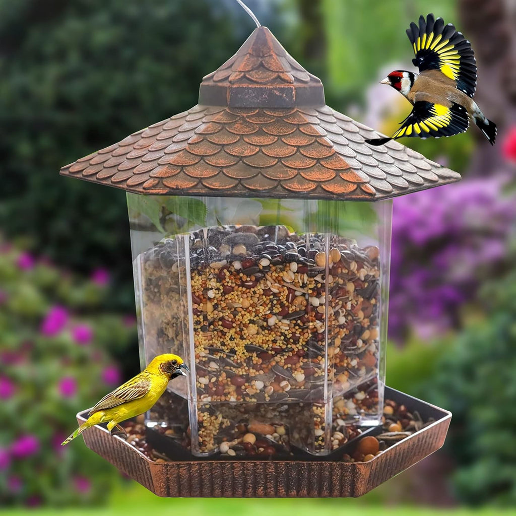 Ekologické závěsné krmítko pro ptáky s průhlednou nádobou na semena a měděnou střechou pro volně žijící ptáky – 20 cm x 22 cm 2