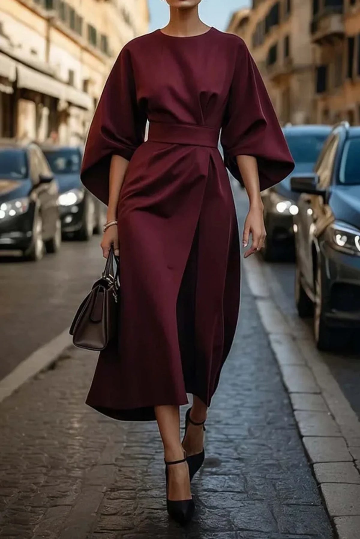 Elegantní midi šaty s rozšířenými rukávy a integrovaným páskem, ideální pro výjimečné příležitosti 2