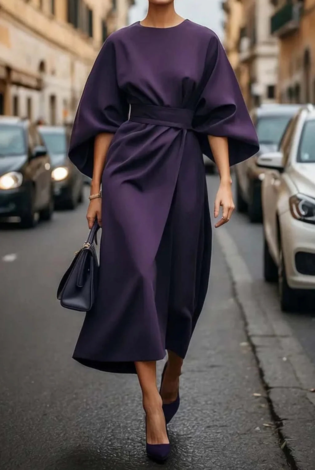 Elegantní midi šaty s rozšířenými rukávy a integrovaným páskem, ideální pro výjimečné příležitosti 4