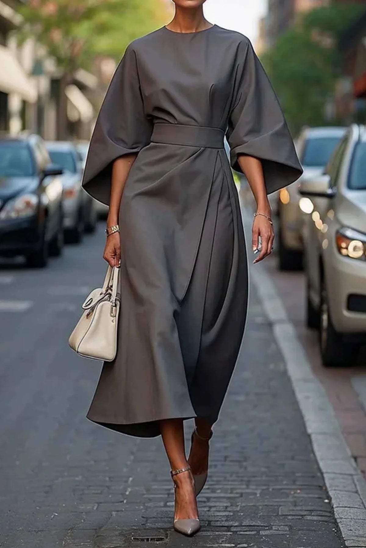 Elegantní midi šaty s rozšířenými rukávy a integrovaným páskem, ideální pro výjimečné příležitosti 5