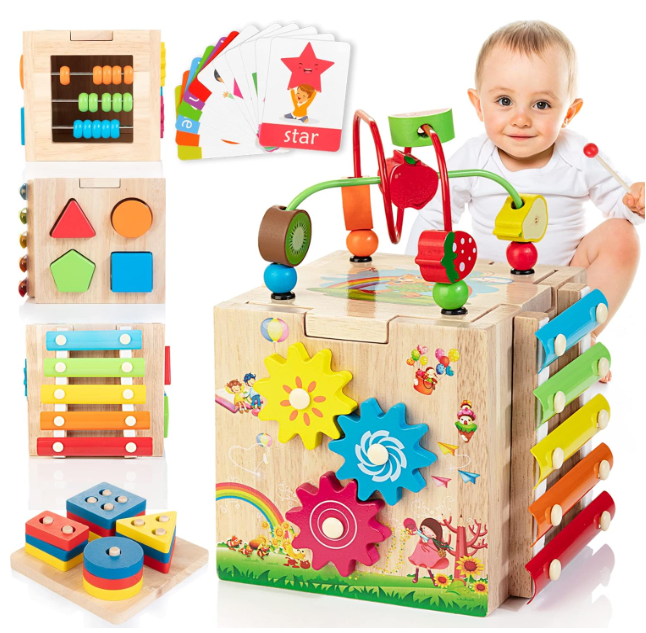 Elegantní Montessori aktivitní kostka 8 v 1 pro vývoj a hraní batolat 0