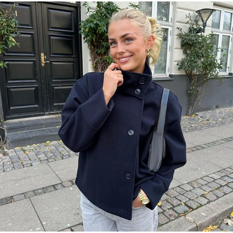 Elegantní krátký dámský kabát na podzim - elegantní límec a zapínání na knoflíky, ideální pro vrstvení, dostupný v mnoha barvách 8