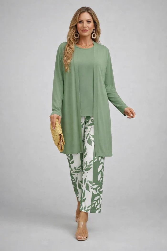 Elegantní třídílná souprava s kalhotami s botanickým potiskem – ležérní outfit pro ženy větších velikostí – lehká a prodyšná 3