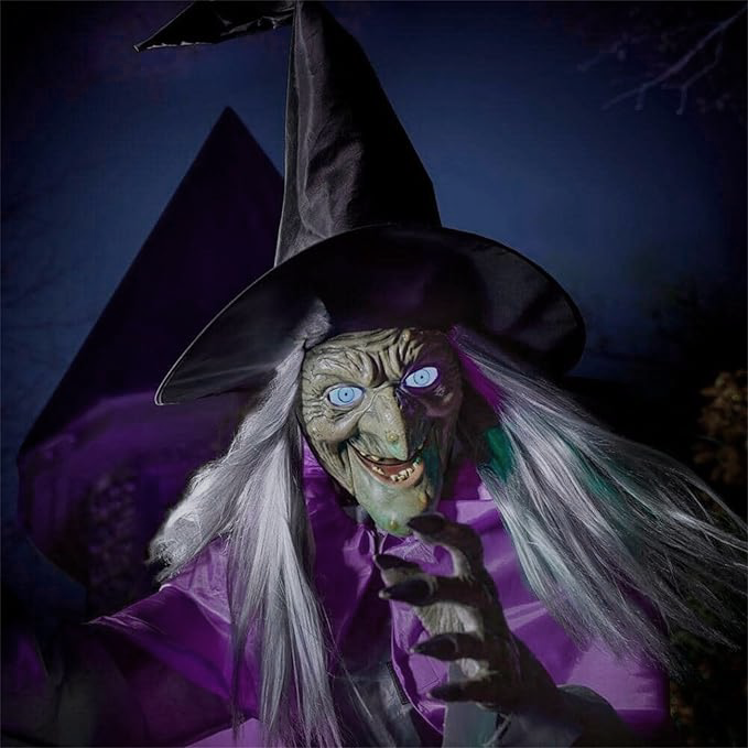 Halloweenská zahradní dekorace s létající čarodějnicí o výšce 180 cm, vyrobená 2