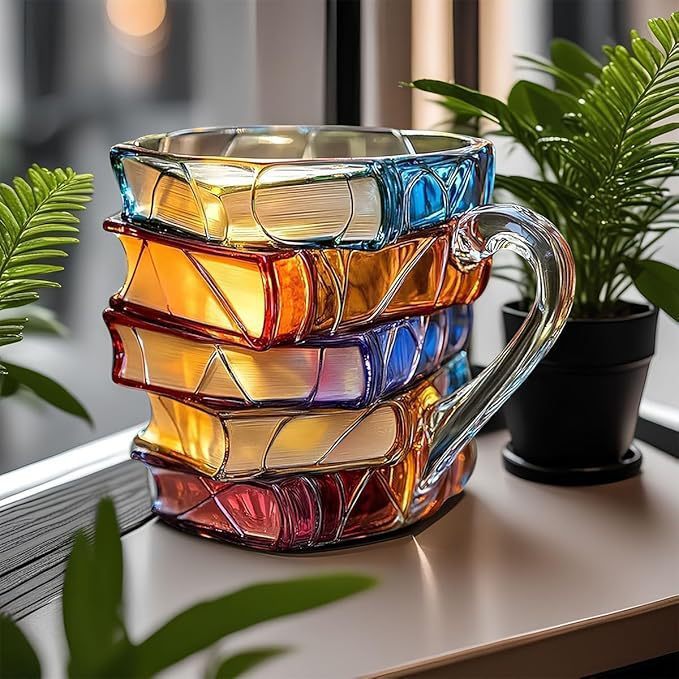 Hrnek na kávu ve tvaru knihy s zakřivenou rukojetí, vícebarevný literární design, 1