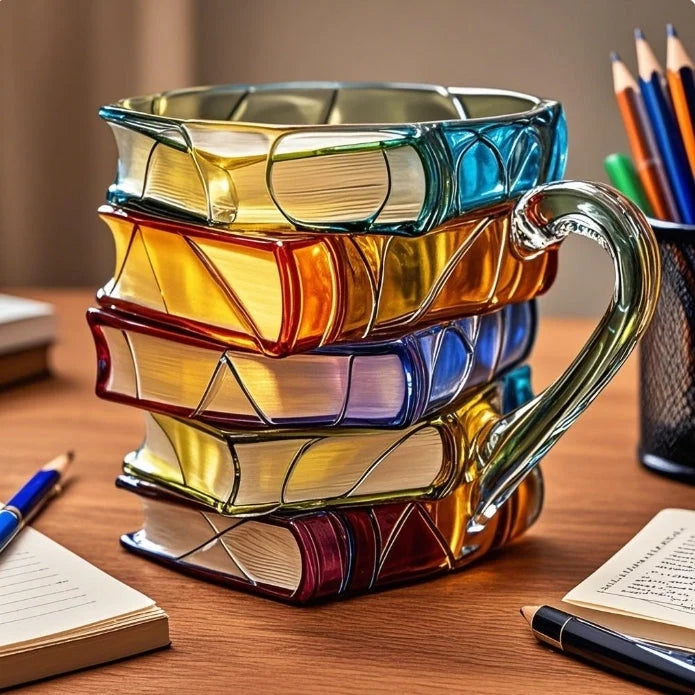 Hrnek na kávu ve tvaru knihy s zakřivenou rukojetí, vícebarevný literární design, 2