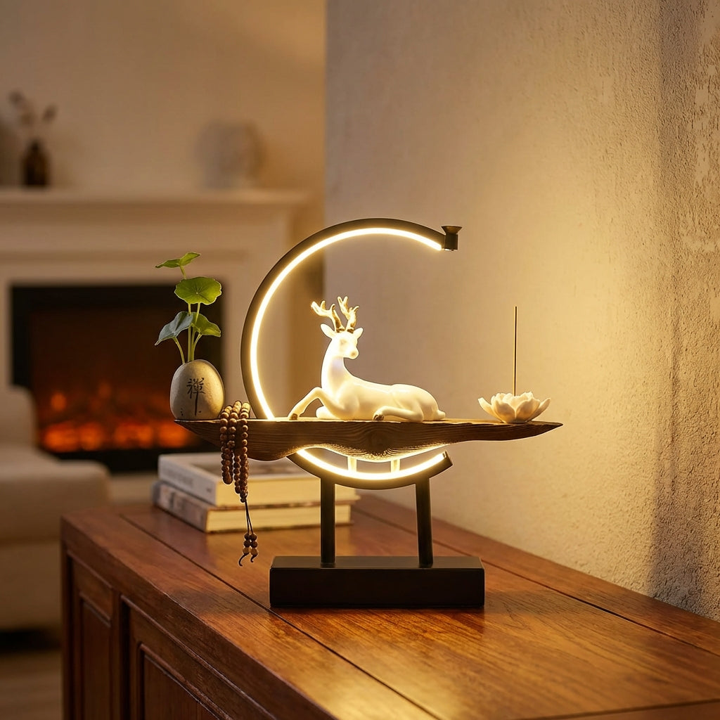 Keramická stolní lampa s teplým LED světlem a funkcí kadidla – moderní design s ručně vyřezávanou dřevěnou základnou 0