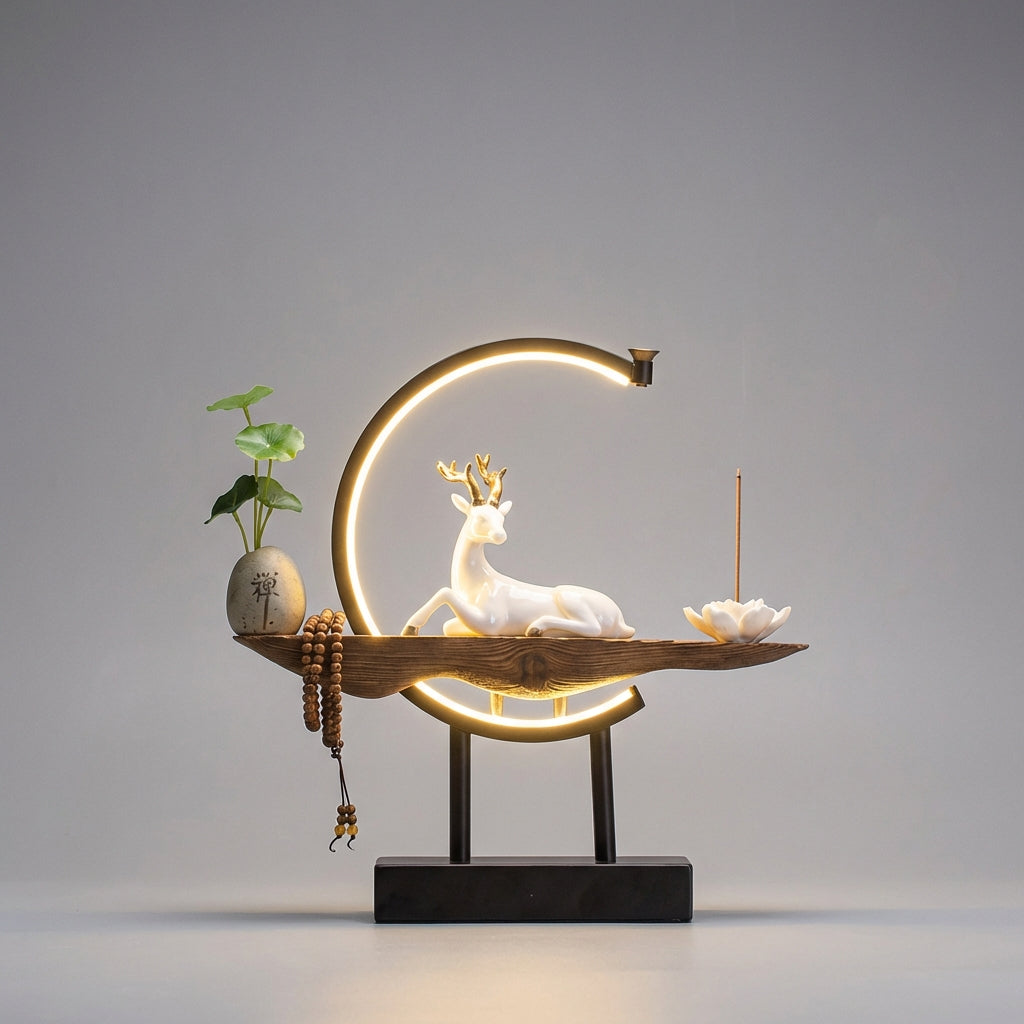 Keramická stolní lampa s teplým LED světlem a funkcí kadidla – moderní design s ručně vyřezávanou dřevěnou základnou 1