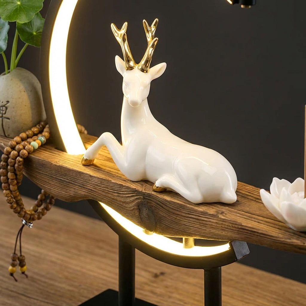 Keramická stolní lampa s teplým LED světlem a funkcí kadidla – moderní design s ručně vyřezávanou dřevěnou základnou 2