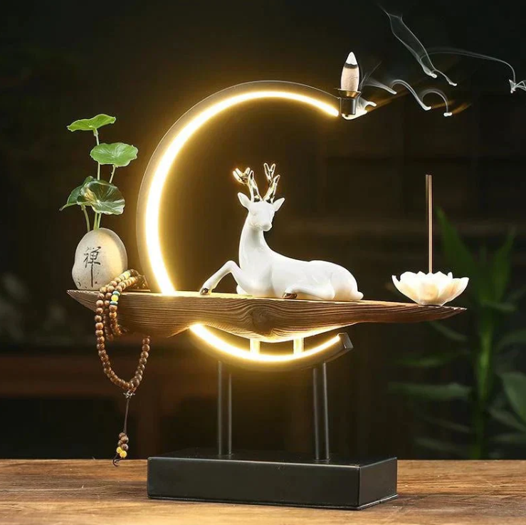 Keramická stolní lampa s teplým LED světlem a funkcí kadidla – moderní design s ručně vyřezávanou dřevěnou základnou 3