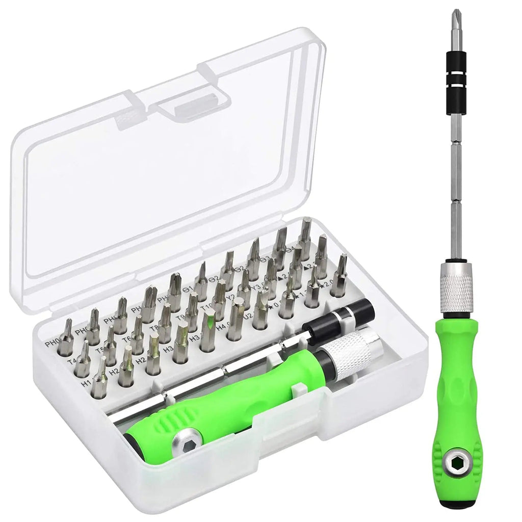 Kompaktní sada šroubováků 32 v 1 s ergonomickou zelenou rukojetí, ideální pro domác 0
