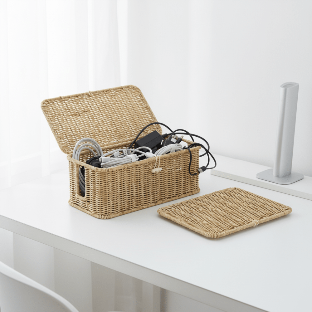 Krabice na kabely s víkem pro úložný prostor v domácí kanceláři – tkaný design 5