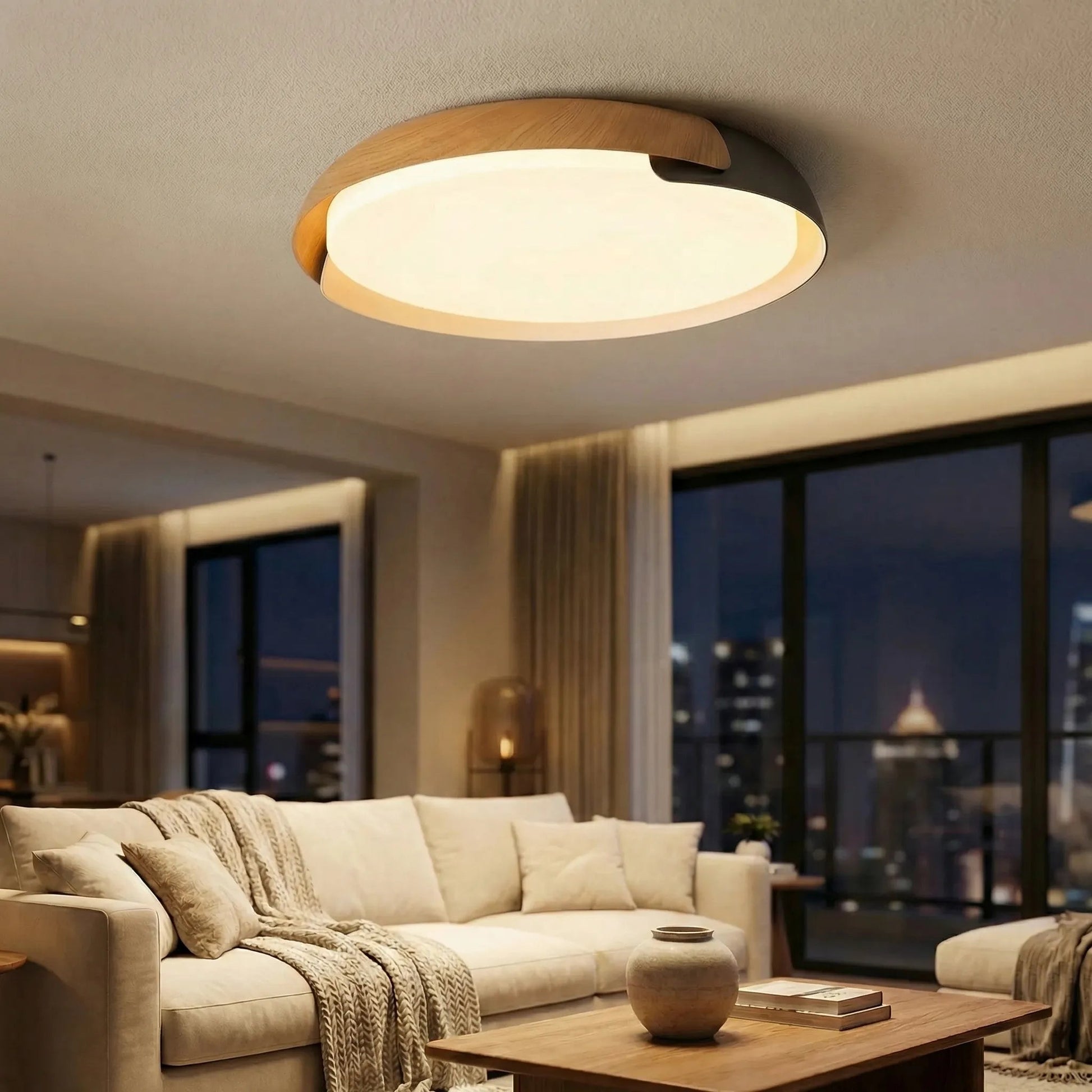 Kulaté LED stropní svítidlo s dálkovým ovládáním, imitace dřeva, úsporné, 42 cm – ideální do obývacího pokoje i ložnice 1