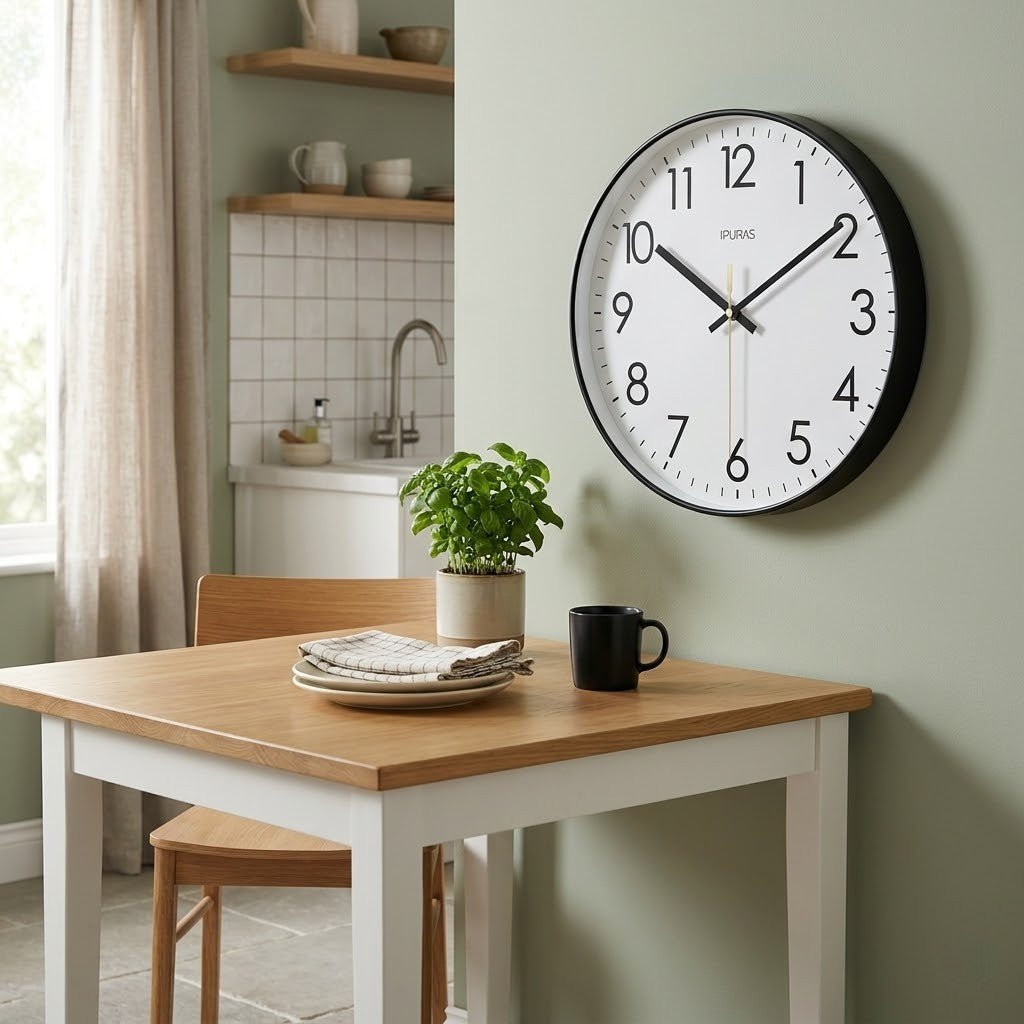 Kulaté nástěnné hodiny s tichým chodem a arabskými číslicemi, moderní design v čern 2