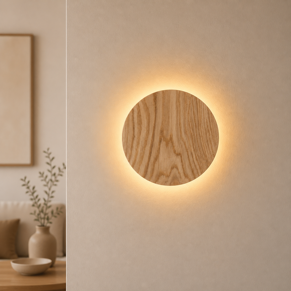 Kulaté dubové nástěnné svítidlo s měkkým nepřímým osvětlením – minimalistický skandinávský design – průměr 22 cm nebo 28 cm 0