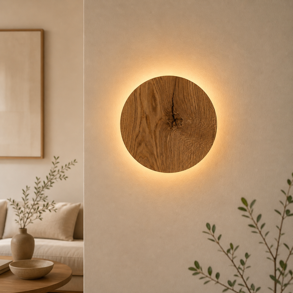 Kulaté dubové nástěnné svítidlo s měkkým nepřímým osvětlením – minimalistický skandinávský design – průměr 22 cm nebo 28 cm 1