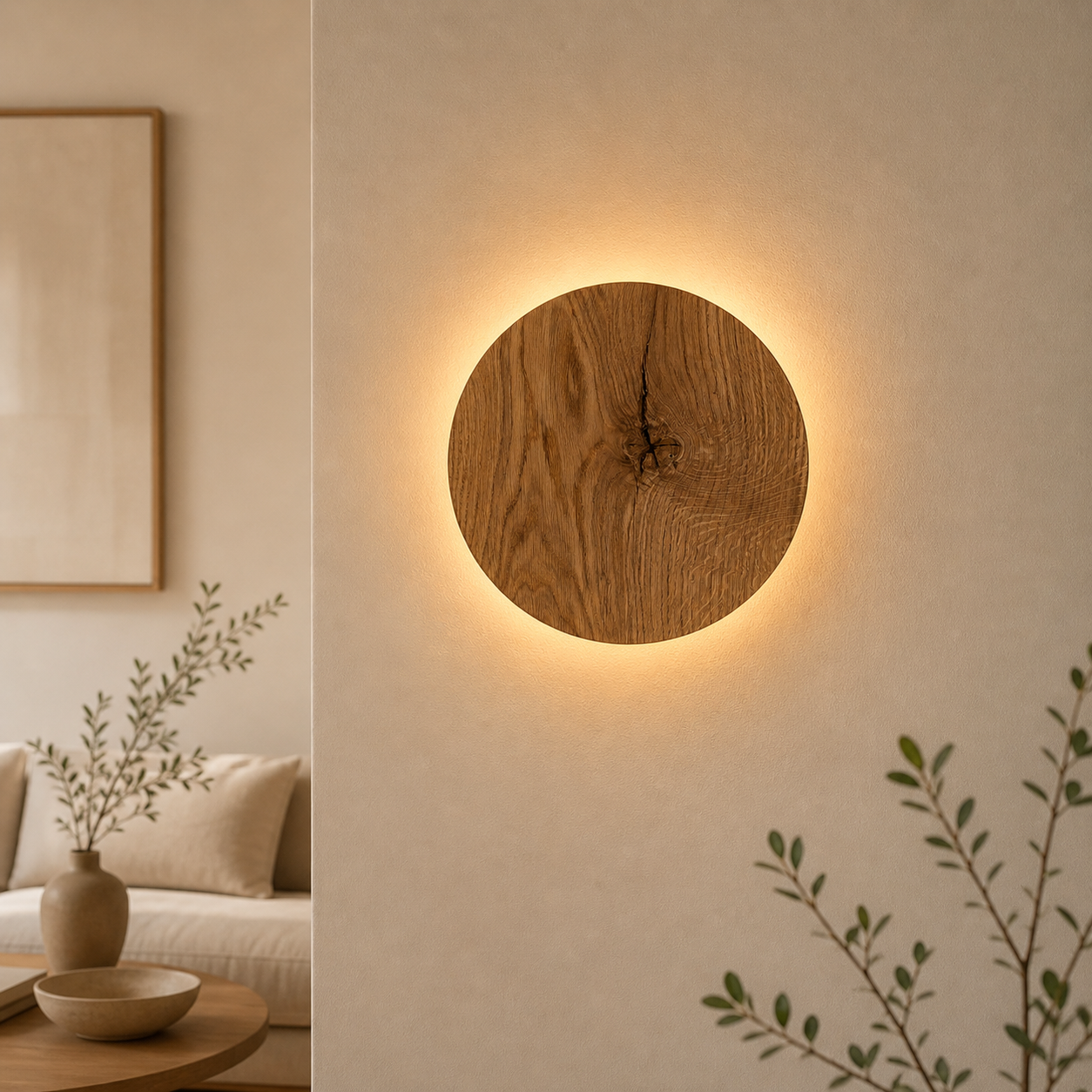 Kulaté dubové nástěnné svítidlo s měkkým nepřímým osvětlením – minimalistický skandinávský design – průměr 22 cm nebo 28 cm 1