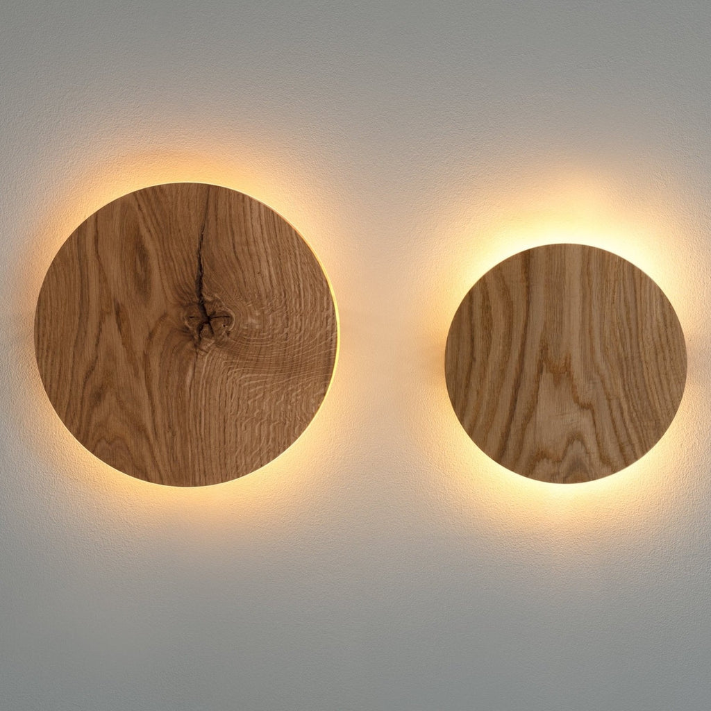 Kulaté dubové nástěnné svítidlo s měkkým nepřímým osvětlením – minimalistický skandinávský design – průměr 22 cm nebo 28 cm 3