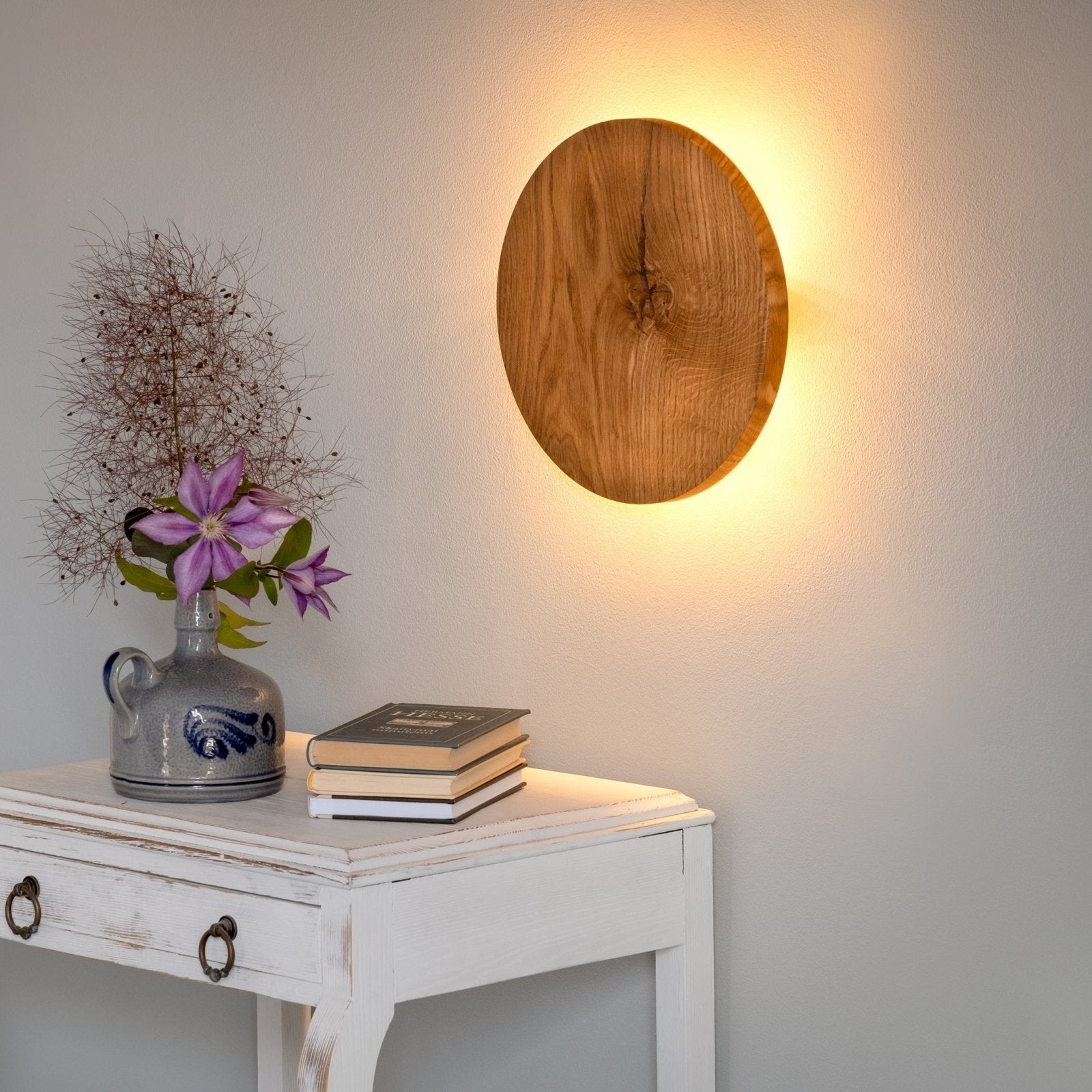 Kulaté dubové nástěnné svítidlo s měkkým nepřímým osvětlením – minimalistický skandinávský design – průměr 22 cm nebo 28 cm 4