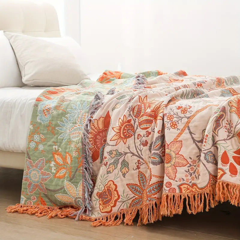 Květinová deka z 100% bavlny s třásněmi v boho rustikálním stylu, ideální 0