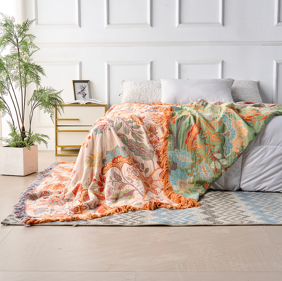 Květinová deka z 100% bavlny s třásněmi v boho rustikálním stylu, ideální 3