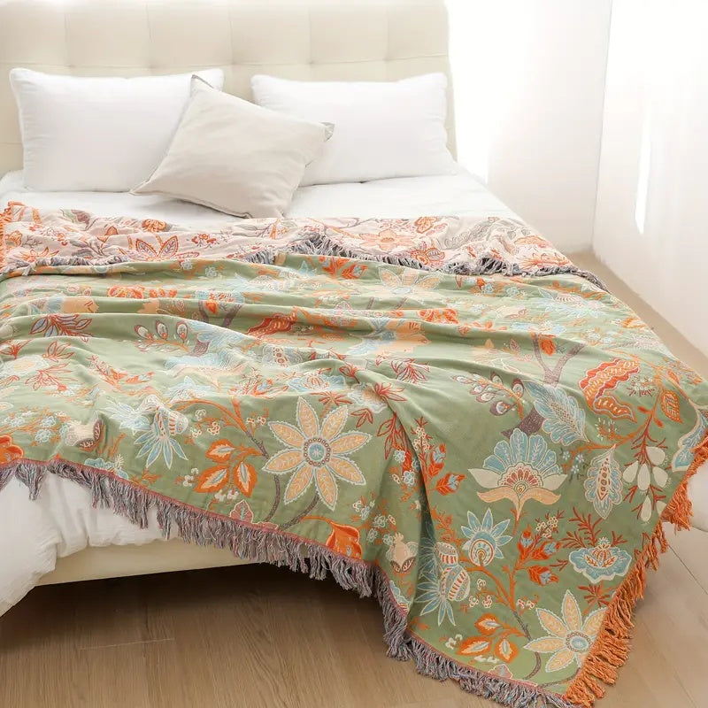Květinová deka z 100% bavlny s třásněmi v boho rustikálním stylu, ideální 8