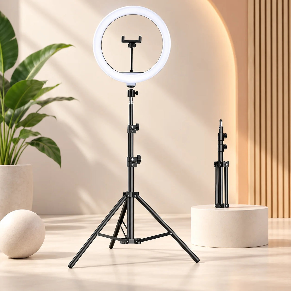 LED kruhové světlo s nastavitelným stativem a držákem telefonu, ideální pro fotografování a videokonference, 0