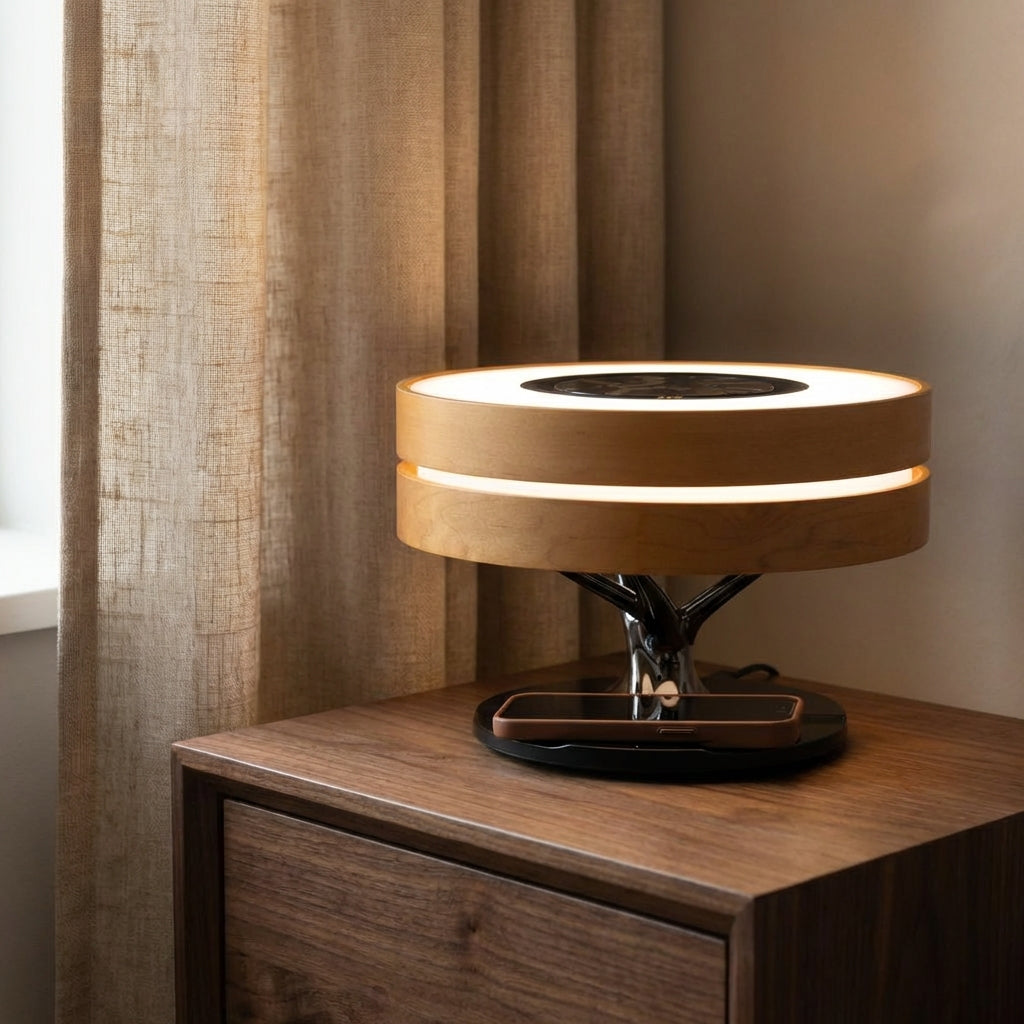 LED Stropní Lampa s Bluetooth Reproduktorem a Bezdrátovým Nabíjením – Moderní Dřevěné Akcenty, Stmívatelné Osvětlení 0